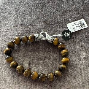 NWT Blackjack Men's Genuine 10mm Tiger Eye & Stainless Steel Beaded Bracelet